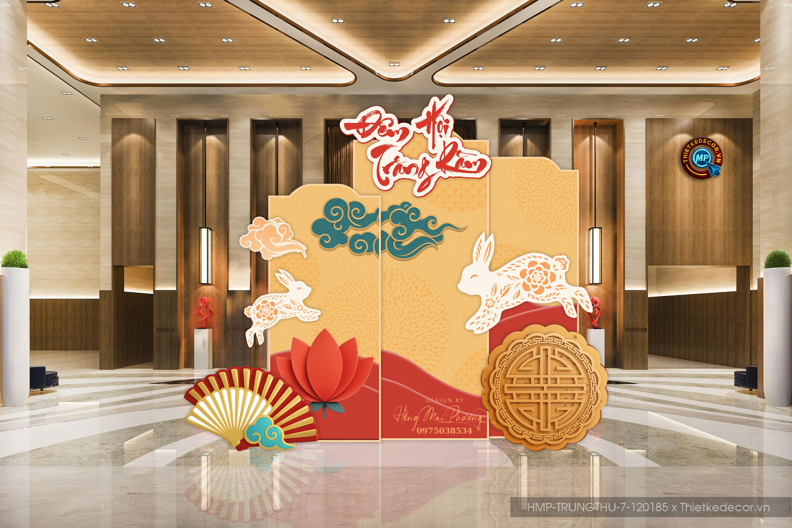 Backdrop trung thu Đêm Hội Trăng Rằm tone vàng, đỏ. Trang trí Trung Thu đại sảnh Mall, Chung cư, Nhà Hàng, Khách Sạn Sang trọng